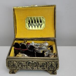 Vintage Brass Arrow Trinket Box Filled With Brooches & Pendants